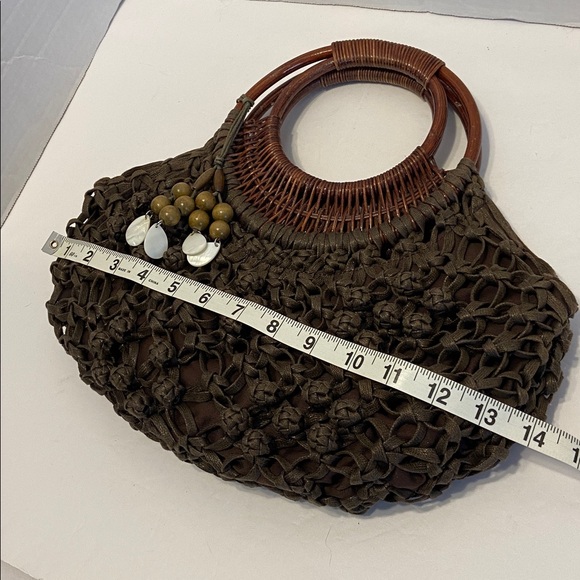 Coldwater Creek Macrame’ Brown mid-size bag with dual Round wicker handles BOHO - Picture 9 of 11